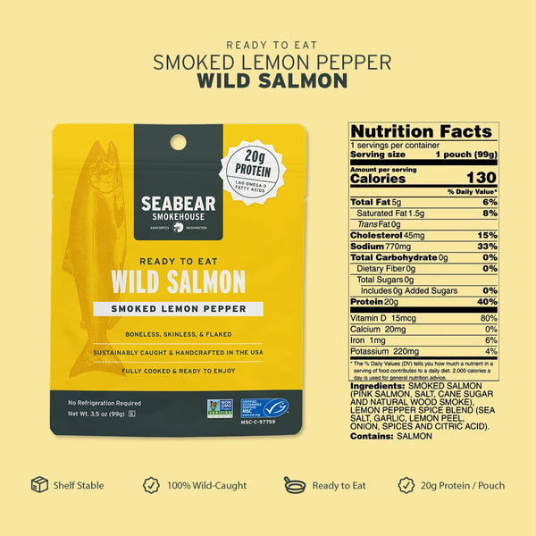 Ready to Eat Smoked Lemon Pepper Wild Pink Salmon | SeaBear Smokehouse