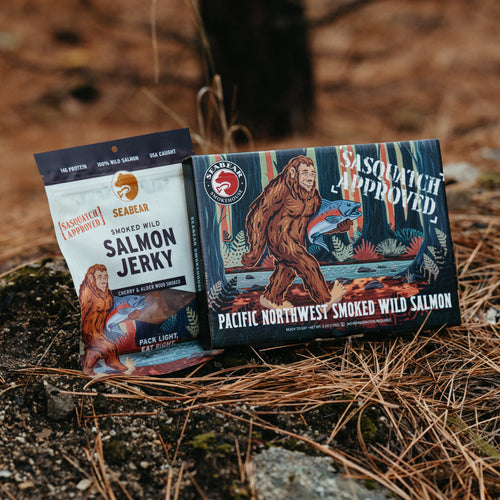 Sasquatch Approved Smoked Salmon Gift Box and Smoked Salmon Jerky in the woods of the Pacific Northwest | SeaBear Smokehouse