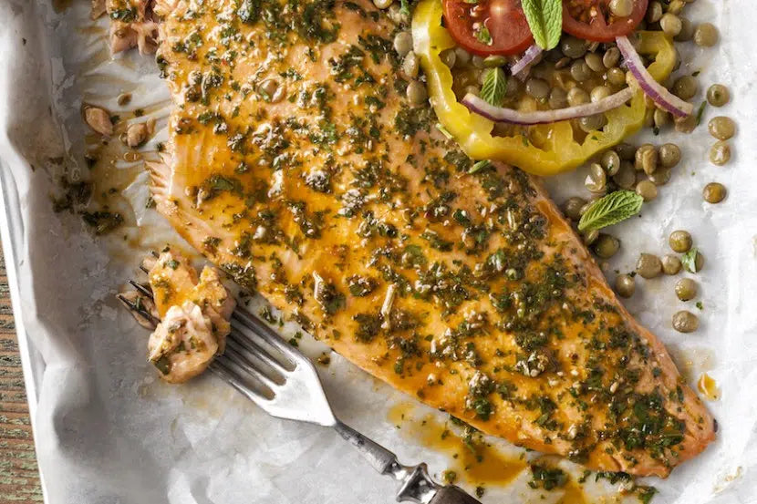 Chermoula Steelhead Trout with Warm Heirloom Tomatoes and Lentil Salad