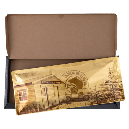 1lb+ Sized Signature Golden Pouch and Open Angled Box | SeaBear Smokehouse