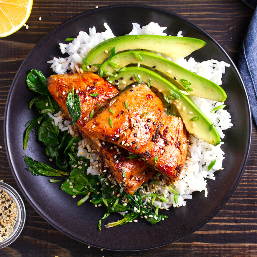 Cooked Sockeye Salmon with a Glaze over Rice | SeaBear Smokehouse