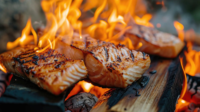 SeaBear Smokehouse | Grilled salmon fillets roasting over fire.