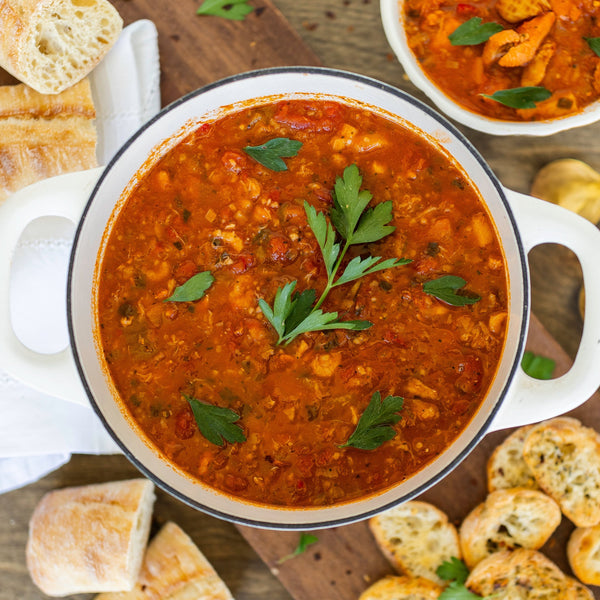 Garnished Pacific Northwest Cioppino Soup | SeaBear Smokehouse