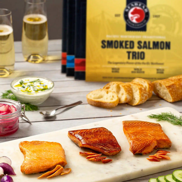 Smoked Salmon Trio with sides on a serving tray | SeaBear Smokehouse