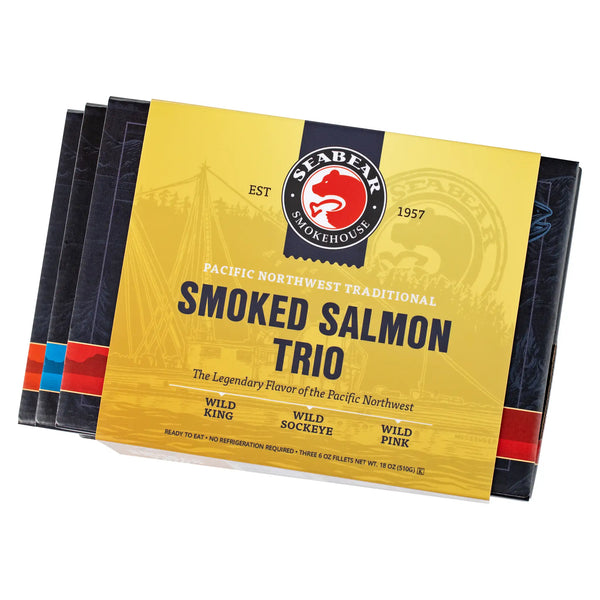 Smoked Salmon Trio product image - three wild smoked salmon gift boxes bounded together | SeaBear Smokehouse