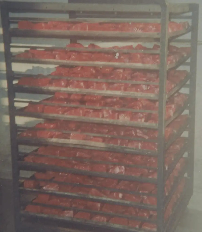 Photo of salmon smoking in racks from the 1970s