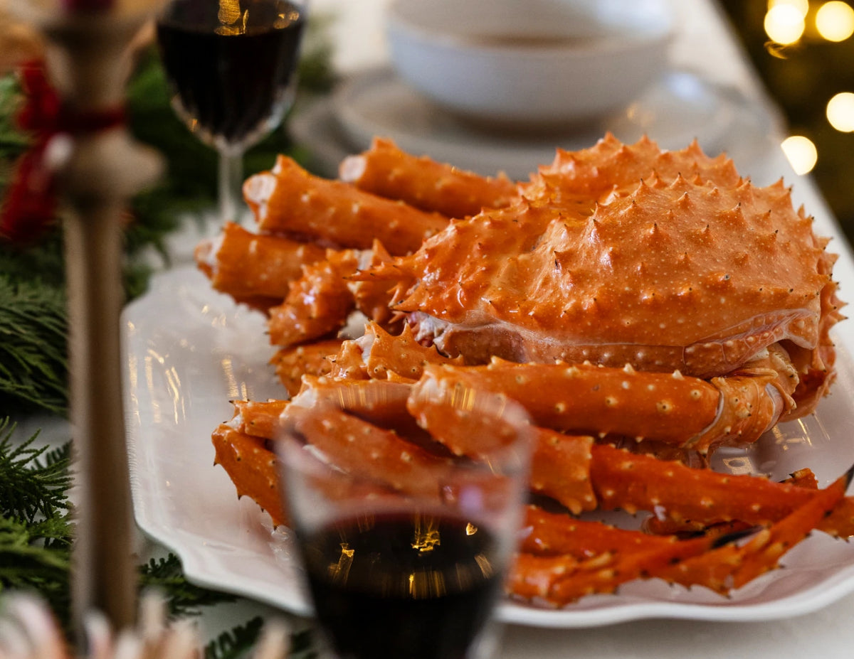 Whole crab plated on a festive table