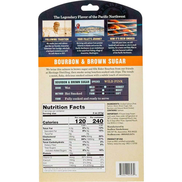 Bourbon & Brown Sugar Flavored Hot Smoked Salmon Back of Packaging | SeaBear Smokehouse