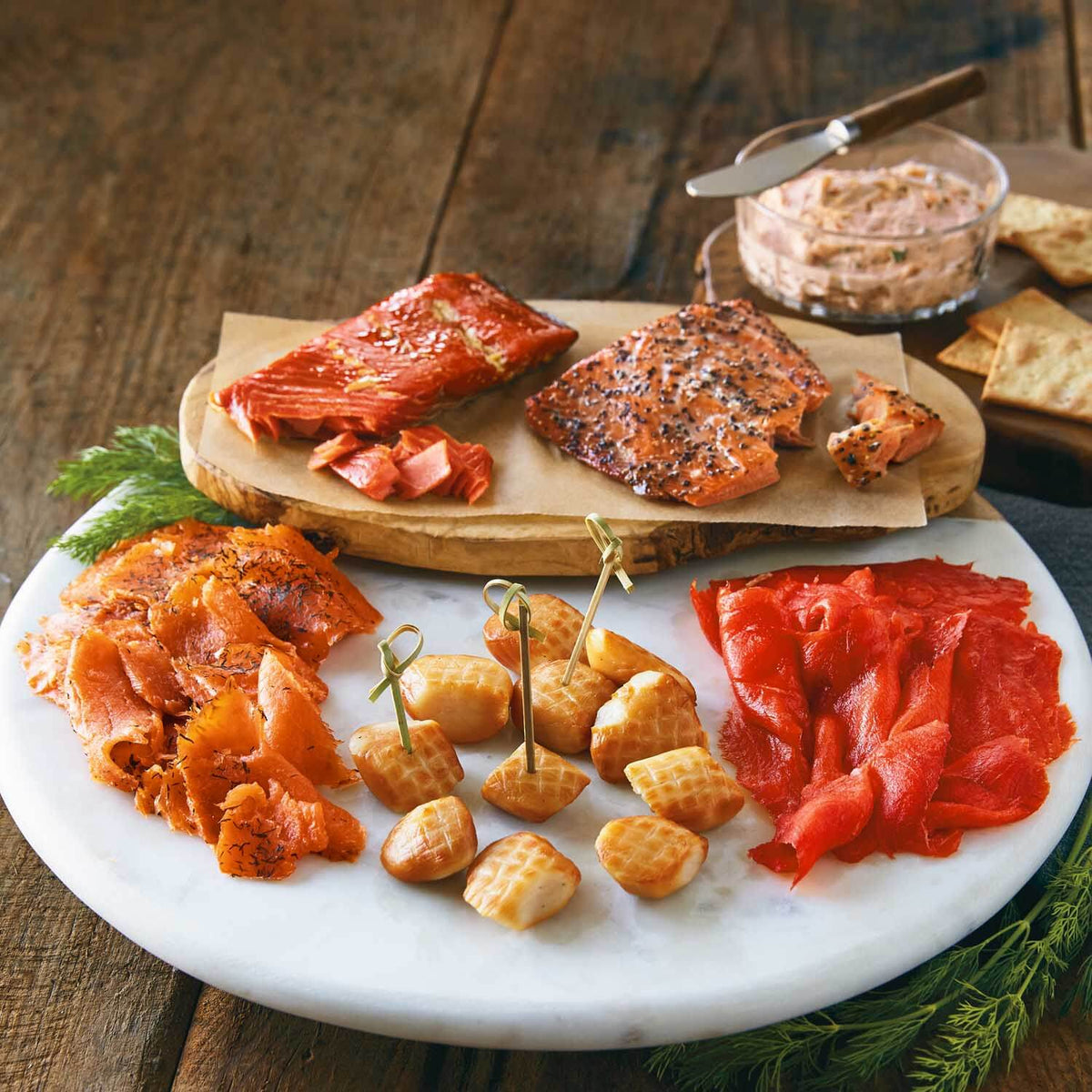 Appetizer Sampler with Smoked Scallops, Hot Smoked Salmon, Smoked Salmon Lox, and Smoked Salmon Mousse | SeaBear Smokehouse