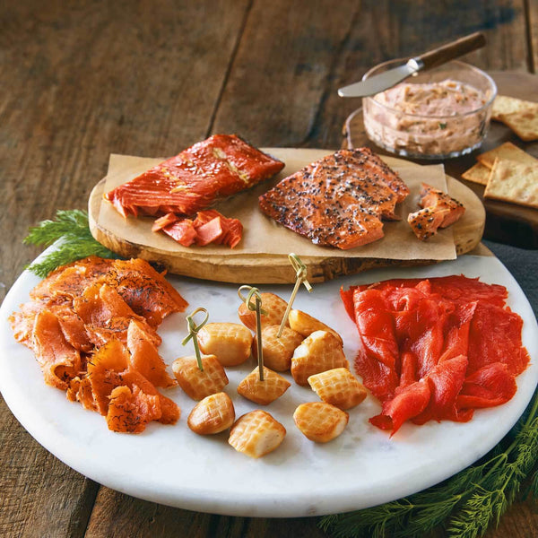 Appetizer Sampler with Smoked Scallops, Hot Smoked Salmon, Smoked Salmon Lox, and Smoked Salmon Mousse | SeaBear Smokehouse